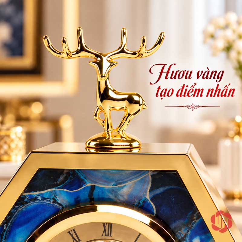 Đồng Hồ Để Bàn Đẹp, Hươu Vàng Lục Giác Xanh UPHB06 Cận tượng hươu vàng trên cạnh trên của đồng hồ lục giác