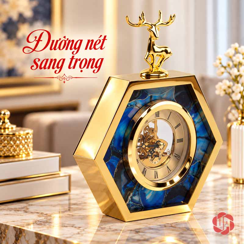 Đồng Hồ Để Bàn Đẹp, Hươu Vàng Lục Giác Xanh UPHB06 Đồng hồ lục giác nhìn chếch cho thấy viền vàng bên cạnh