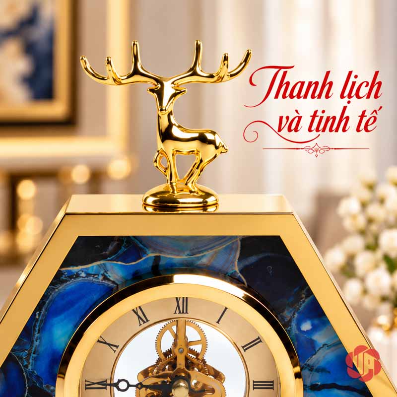 Đồng Hồ Để Bàn Đẹp, Hươu Vàng Lục Giác Xanh UPHB06 Tượng hươu vàng và phần trên mặt số đồng hồ lục giác xanh