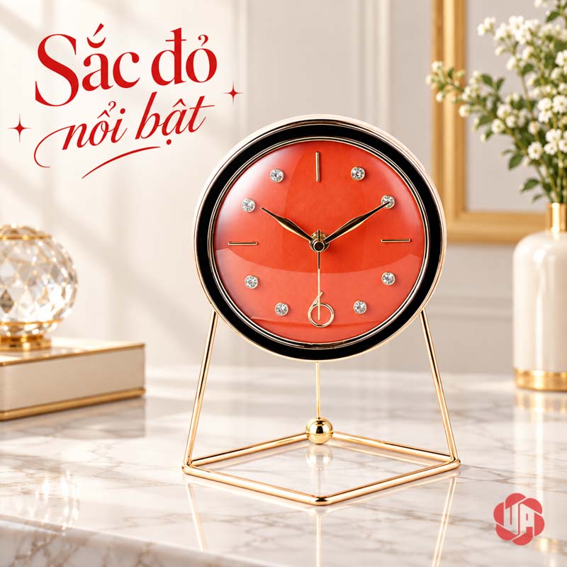 Đồng Hồ Để Bàn Đẹp, Mặt Tròn Chân Khung Thanh UPHB10 Đồng hồ mặt cam đỏ, vòng ngoài sẫm và chân khung ánh vàng