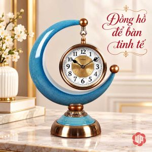 Đồng hồ tròn treo trong khung trăng khuyết xanh trên đế ánh vàng
