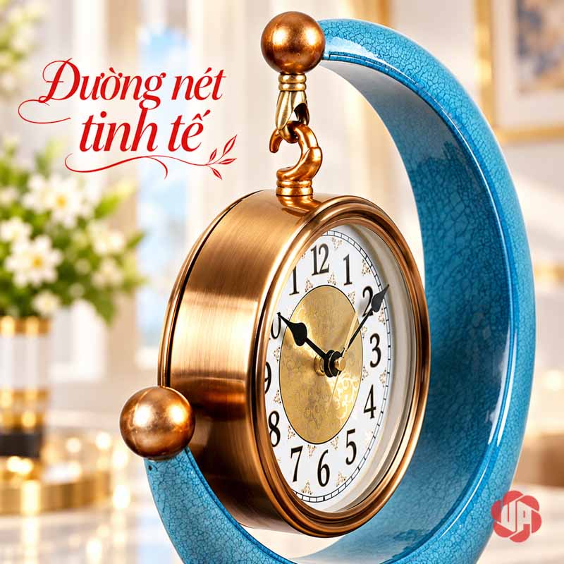 Bộ Đồng Hồ Để Bàn Mặt Trăng Và Đôi Hươu Xanh UPHB09 Góc chếch khung trăng xanh và mặt đồng hồ treo bên trong