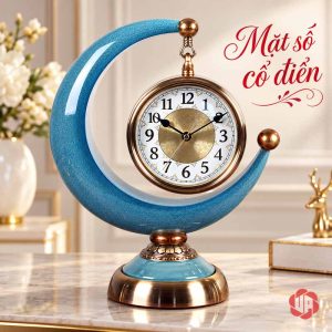 Đồng hồ mặt trăng xanh với vòng số trắng và trung tâm vàng
