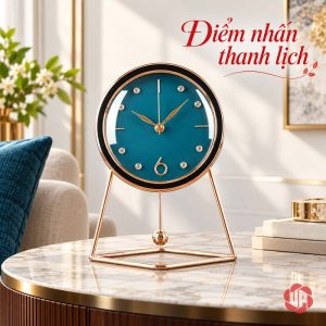 Đồng hồ mặt xanh trên bàn tròn gần ghế và gối xanh