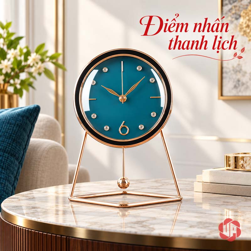 Đồng Hồ Để Bàn Đẹp, Mặt Tròn Chân Khung Thanh UPHB10 Đồng hồ mặt xanh trên bàn tròn gần ghế và gối xanh