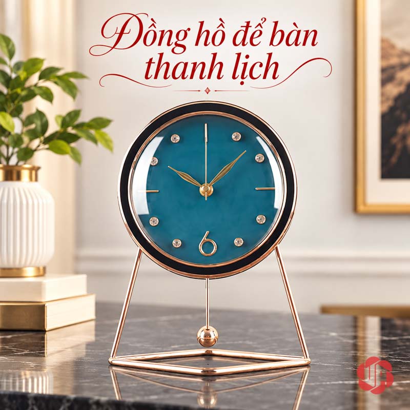 Đồng Hồ Để Bàn Đẹp, Mặt Tròn Chân Khung Thanh UPHB10 Toàn dáng đồng hồ xanh với vòng tròn và chân khung mở