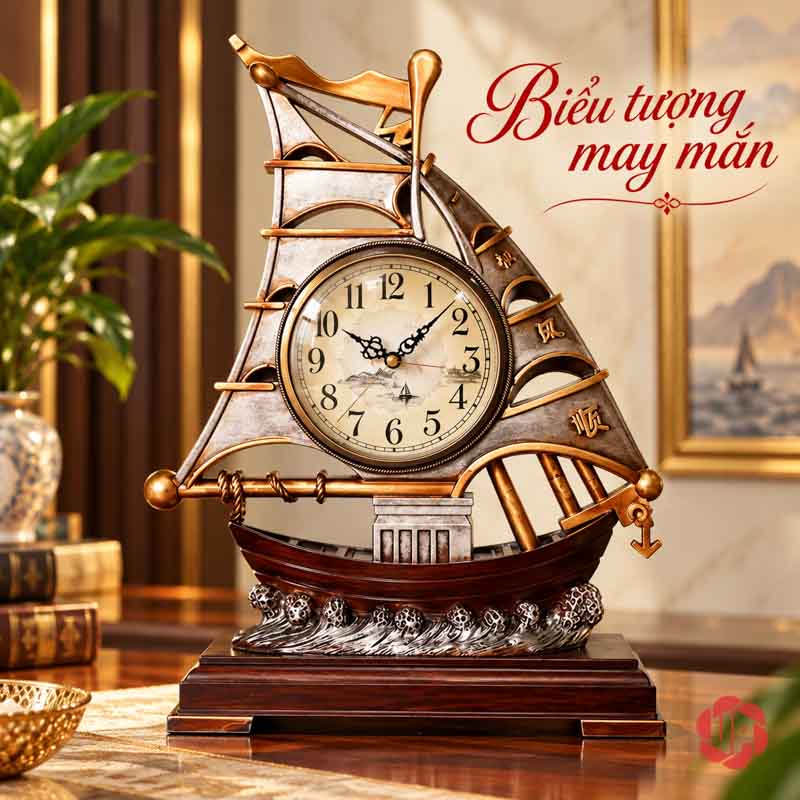 Đồng Hồ Đặt Bàn Thuyền Buồm, Thuận Buồm Xuôi Gió UPHB16 Đồng hồ thuyền buồm màu gỗ trong góc phòng có ánh sáng ấm