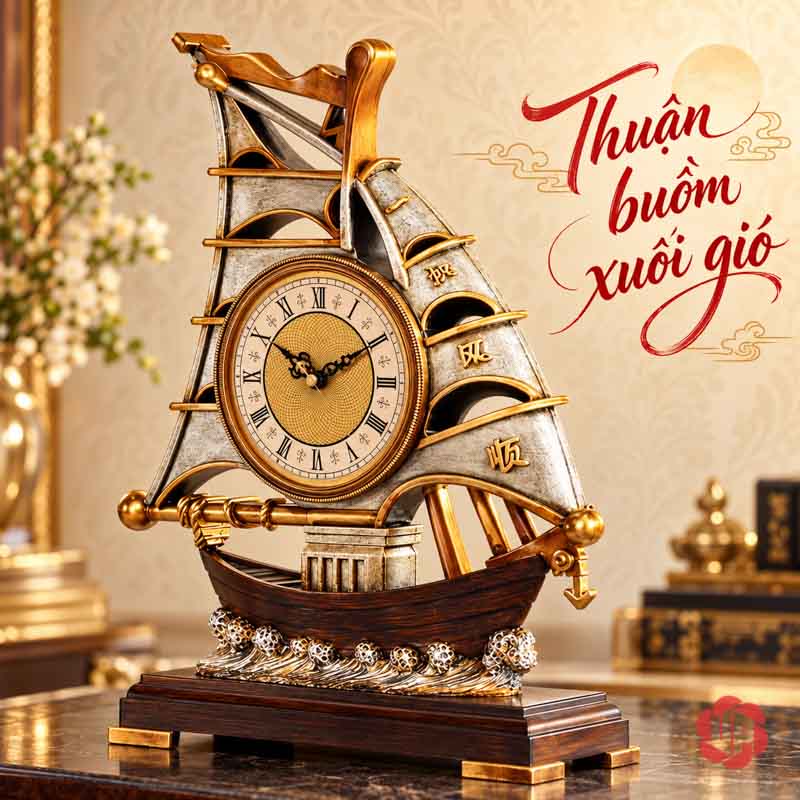 Đồng Hồ Đặt Bàn Thuyền Buồm, Thuận Buồm Xuôi Gió UPHB16 Đồng hồ thuyền buồm tông nâu nhìn chếch trên bàn sáng