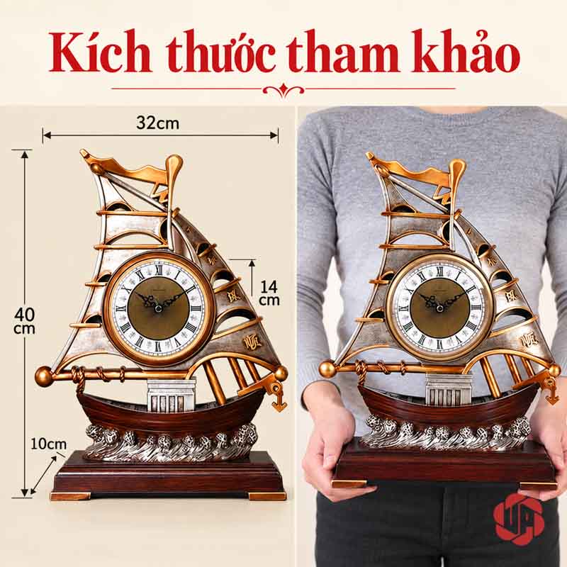 Đồng Hồ Đặt Bàn Thuyền Buồm, Thuận Buồm Xuôi Gió UPHB16 Ảnh thuyền buồm dài 32 cm, rộng 10 cm, cao 40 cm bên người cầm mẫu
