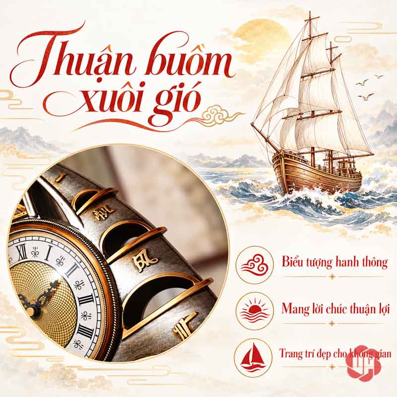 Đồng Hồ Đặt Bàn Thuyền Buồm, Thuận Buồm Xuôi Gió UPHB16 Ảnh minh họa thuyền ra khơi kết hợp góc cận đồng hồ thuyền buồm