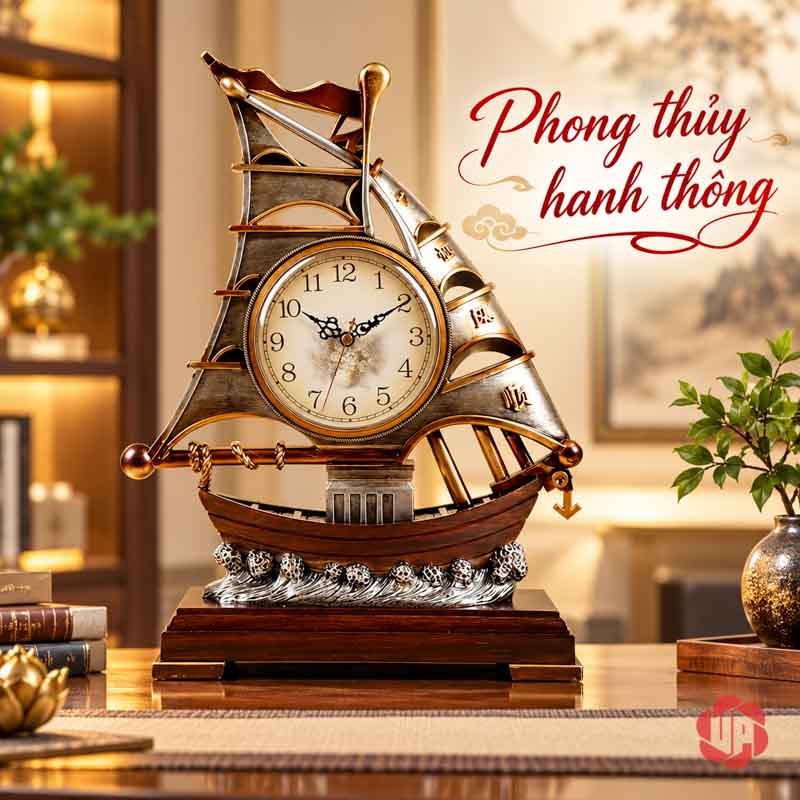 Đồng Hồ Đặt Bàn Thuyền Buồm, Thuận Buồm Xuôi Gió UPHB16 Đồng hồ thuyền buồm màu gỗ trên bàn cạnh cây xanh