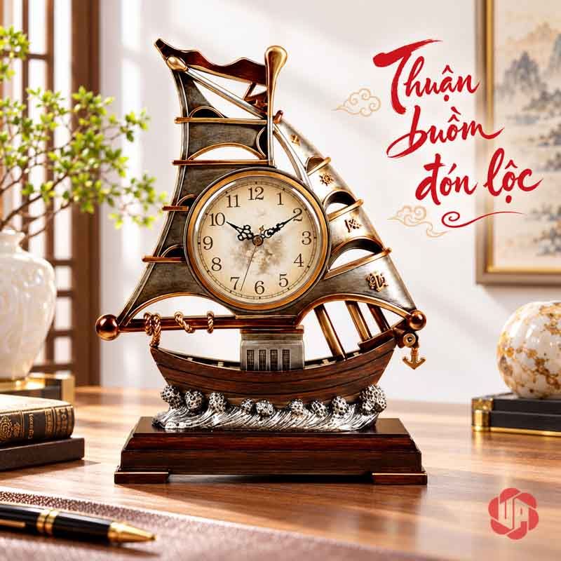 Đồng Hồ Đặt Bàn Thuyền Buồm, Thuận Buồm Xuôi Gió UPHB16 Đồng hồ thuyền buồm màu gỗ trên bàn có sách xếp phía trước