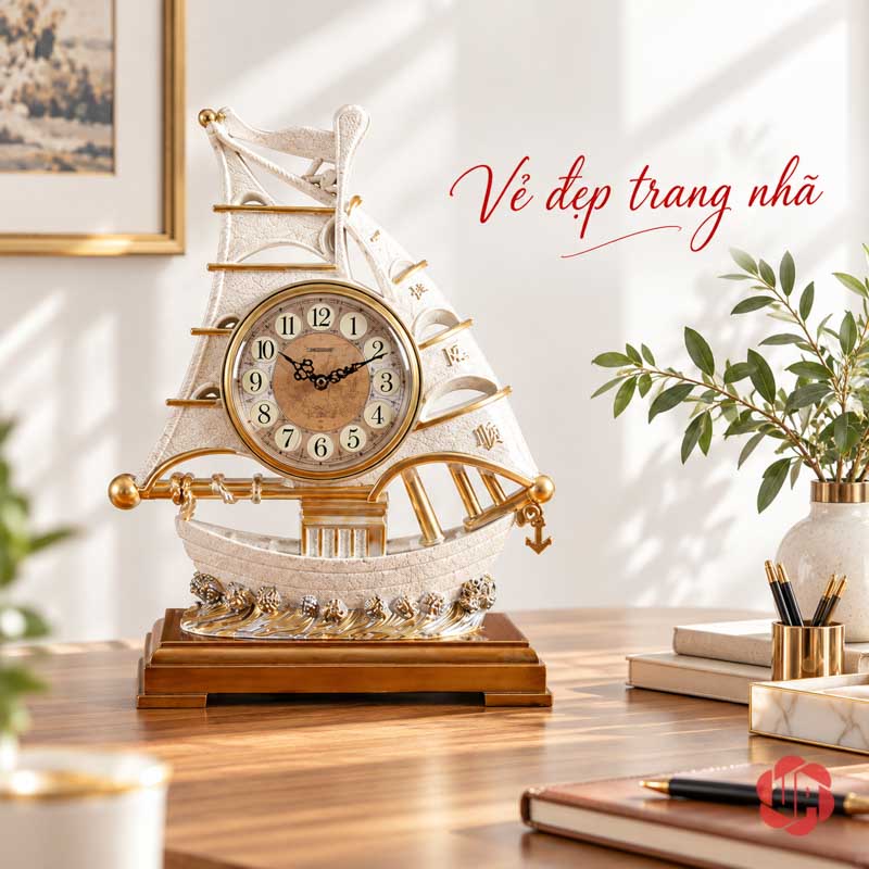 Đồng Hồ Đặt Bàn Thuyền Buồm, Thuận Buồm Xuôi Gió UPHB16 Đồng hồ thuyền buồm trắng trên bàn gỗ cạnh cây xanh