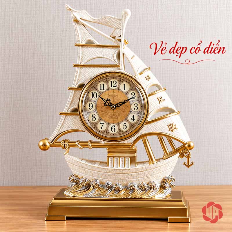 Đồng Hồ Đặt Bàn Thuyền Buồm, Thuận Buồm Xuôi Gió UPHB16 Đồng hồ thuyền buồm trắng nhìn chính diện trên mặt bàn