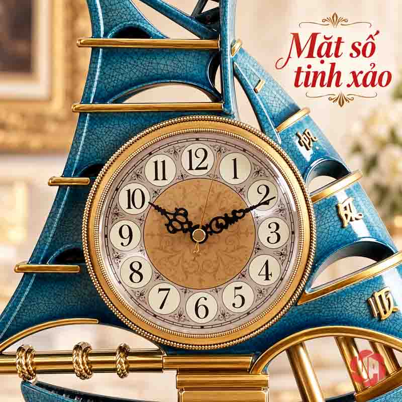 Đồng Hồ Đặt Bàn Thuyền Buồm, Thuận Buồm Xuôi Gió UPHB16 Cận mặt số Ả Rập trên nền cánh buồm xanh