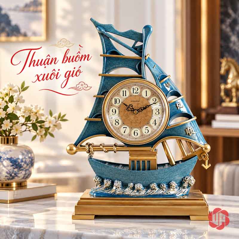 Đồng Hồ Đặt Bàn Thuyền Buồm, Thuận Buồm Xuôi Gió UPHB16 Đồng hồ thuyền buồm xanh với mặt số tròn và chân đế ánh vàng