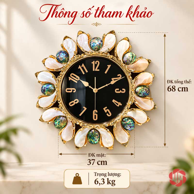 Đồng Hồ Treo Tường Cao Cấp Khảm Trai Tự Nhiên UPH023 Ảnh đồng hồ tròn đường kính ngoài 68 cm, mặt trong 37 cm