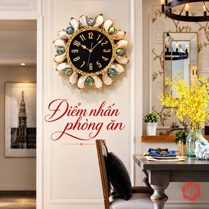 Đồng Hồ Treo Tường Cao Cấp Khảm Trai Tự Nhiên UPH023 Đồng hồ khảm trai tròn trên tường cạnh bàn ăn và hoa vàng