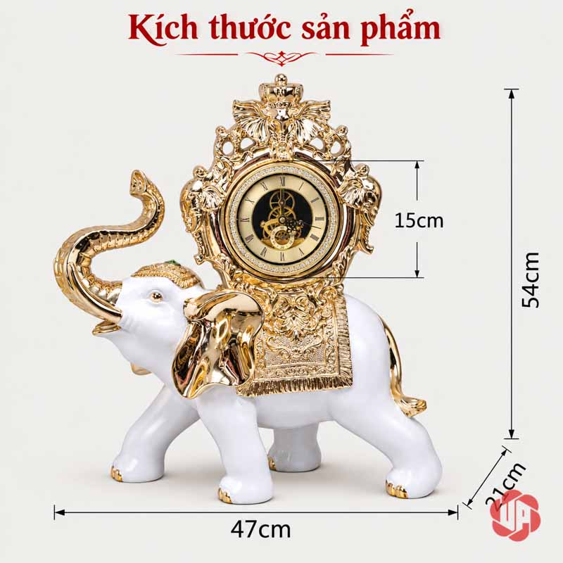 Đồng Hồ Trang Trí Voi Phong Thủy Trắng Vàng UPHB23 Sơ đồ đồng hồ voi rộng 47 cm, sâu 21 cm, cao 54 cm, mặt số 15 cm