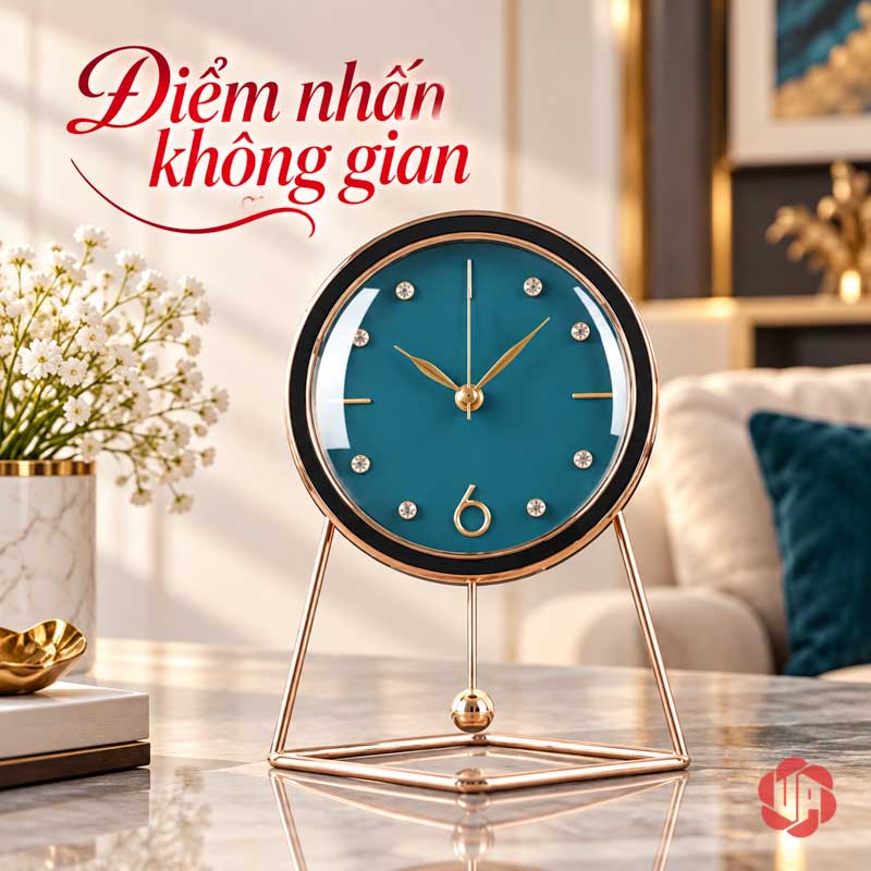 Đồng Hồ Để Bàn Đẹp, Mặt Tròn Chân Khung Thanh UPHB10 Đồng hồ mặt xanh trên bàn trong phòng khách sáng và ấm