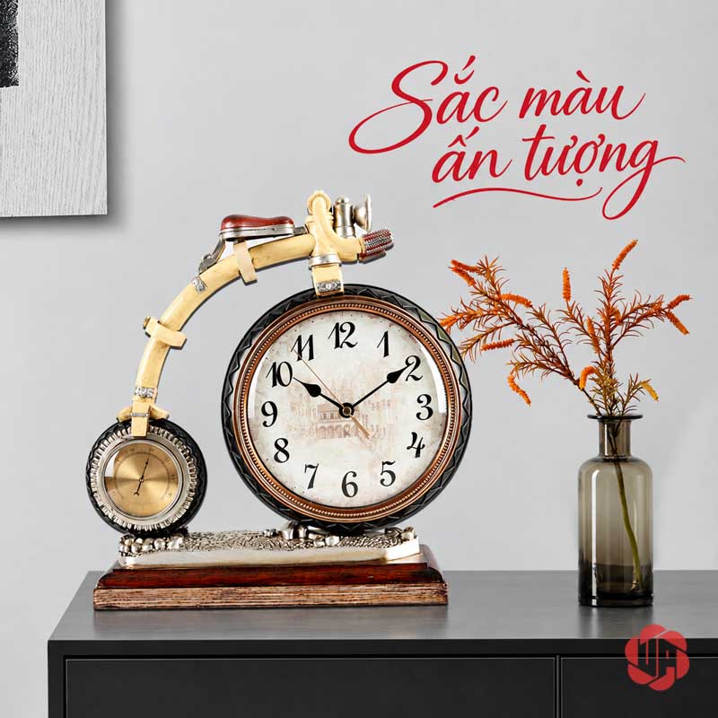 Đồng Hồ Xe Đạp Để Bàn Phong Cách Retro UPHB20 Đồng hồ xe đạp trên tủ tối cạnh bình cành lá màu cam