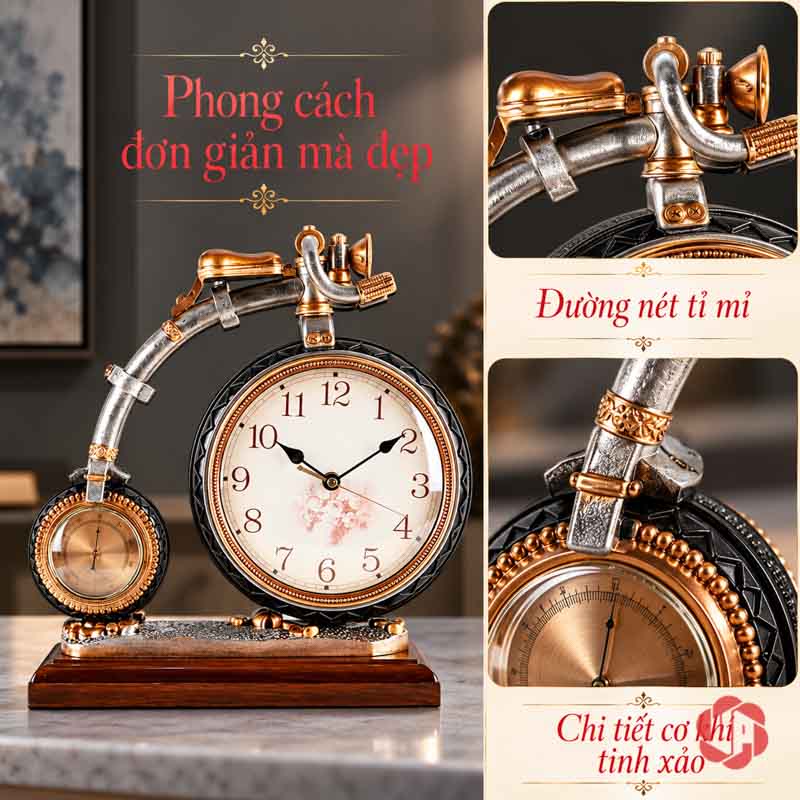Đồng Hồ Xe Đạp Để Bàn Phong Cách Retro UPHB20 Ảnh tổng thể đồng hồ xe đạp cùng góc cận tay lái và mặt nhỏ