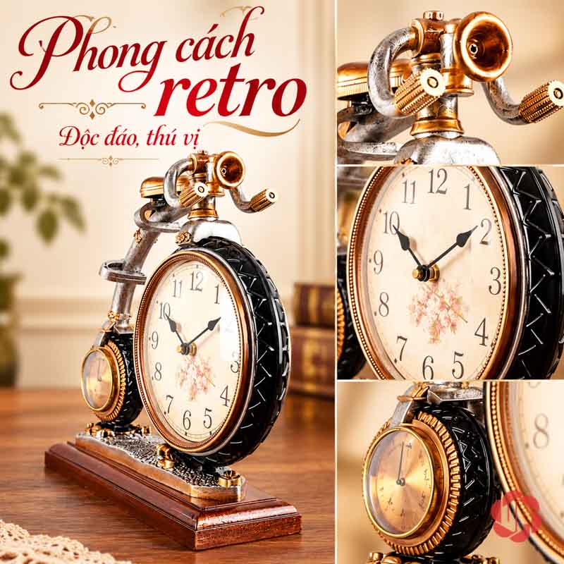 Đồng Hồ Xe Đạp Để Bàn Phong Cách Retro UPHB20 Ảnh đồng hồ xe đạp kèm góc cận mặt số và tay lái