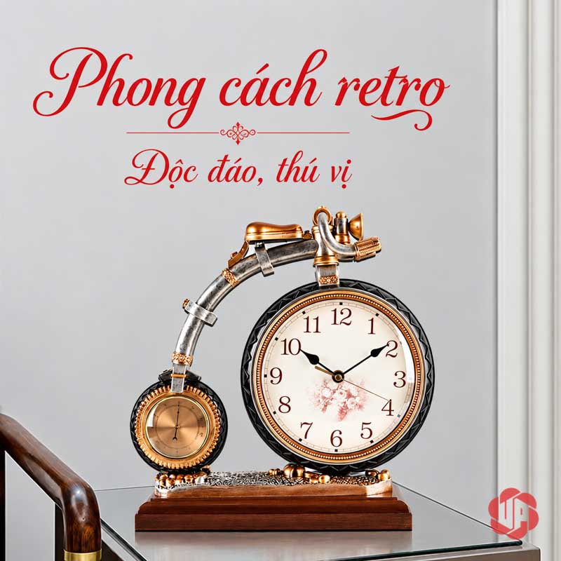 Đồng Hồ Xe Đạp Để Bàn Phong Cách Retro UPHB20 Toàn dáng đồng hồ xe đạp retro với chân đế màu nâu