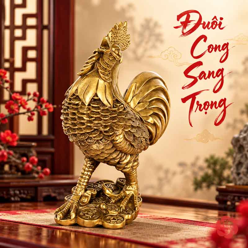 Tượng Con Gà Trống Tài Lộc Bằng Đồng UPD023 Gà trống bằng đồng đứng chéo chân trên đế tiền xu