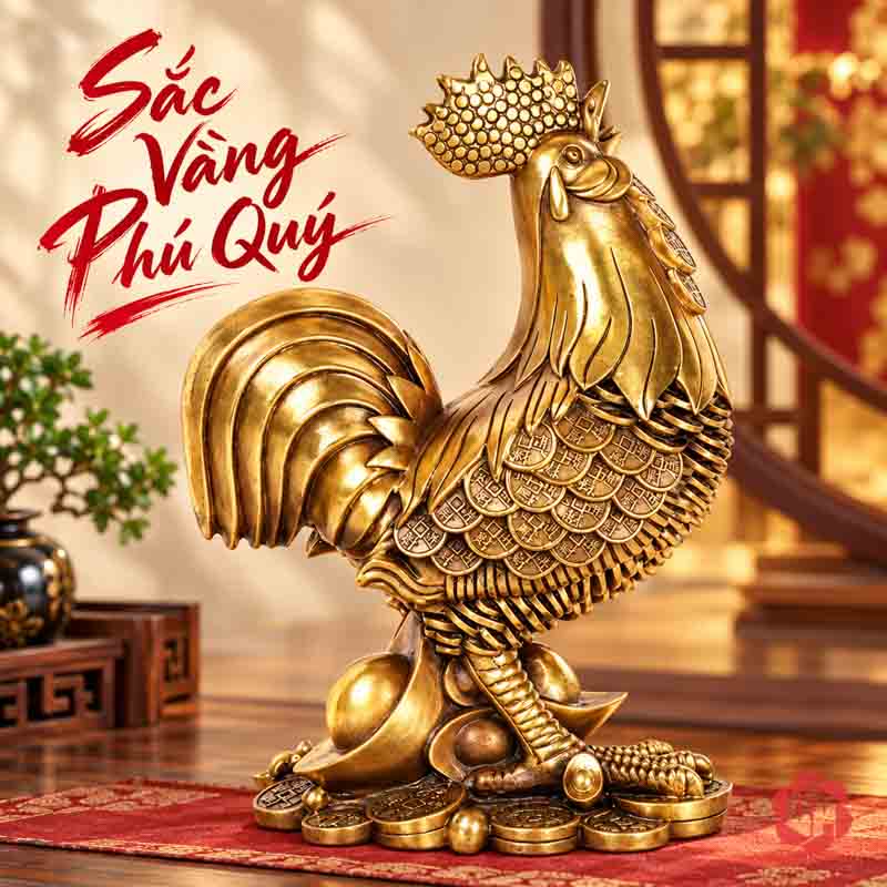 Tượng Con Gà Trống Tài Lộc Bằng Đồng UPD023 Gà trống đế thỏi vàng nhìn từ phía đối diện