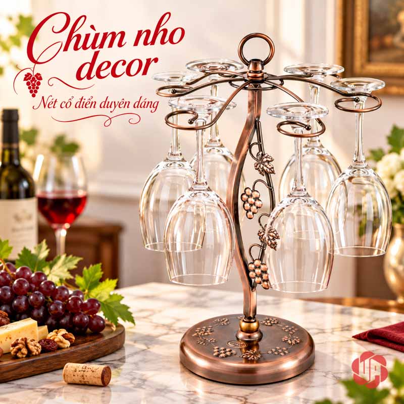 Giá Để Ly Rượu Vang Chùm Nho UP011L Giá ly chùm nho trên bàn vân đá cạnh trái cây