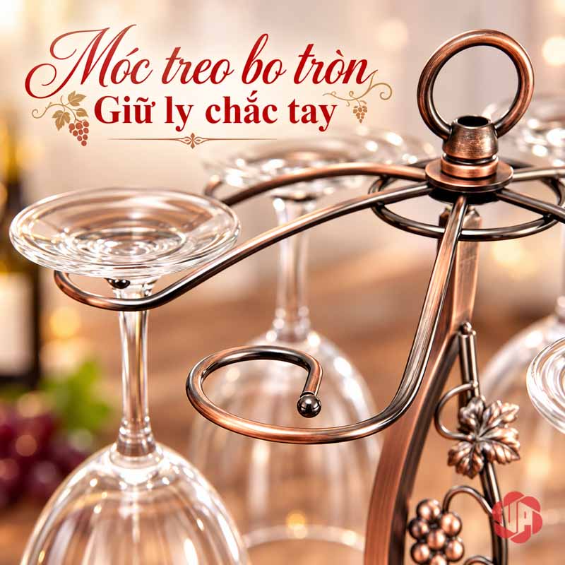 Giá Để Ly Rượu Vang Chùm Nho UP011L Cận móc cong, chân ly và vòng tròn trên đỉnh giá