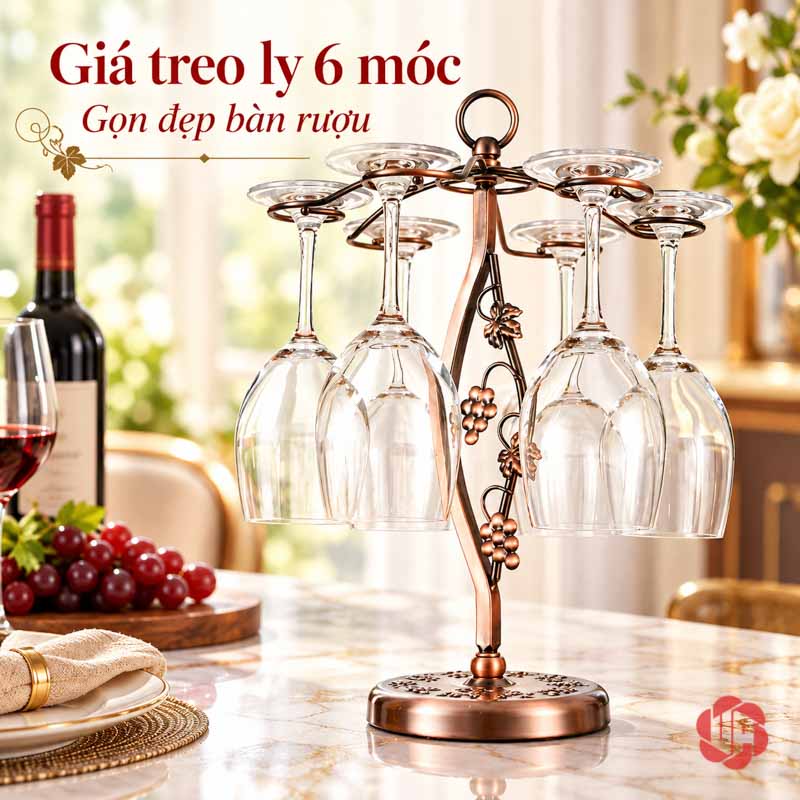 Giá Để Ly Rượu Vang Chùm Nho UP011L Giá treo ly chùm nho nhìn chính diện trên bàn gỗ