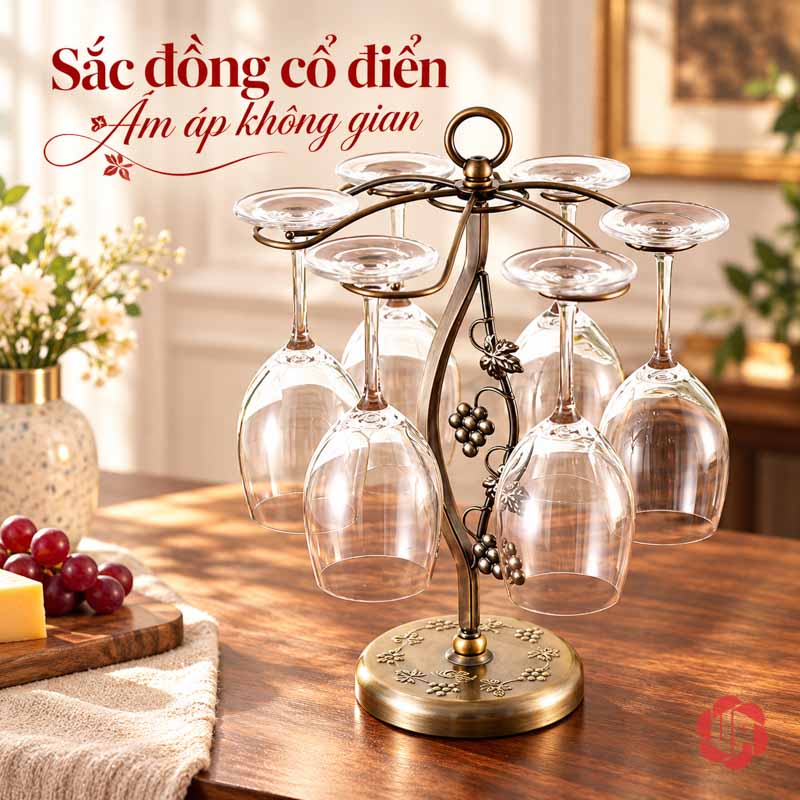Giá Để Ly Rượu Vang Chùm Nho UP011L Giá ly sắc vàng đồng với các chùm nho sẫm