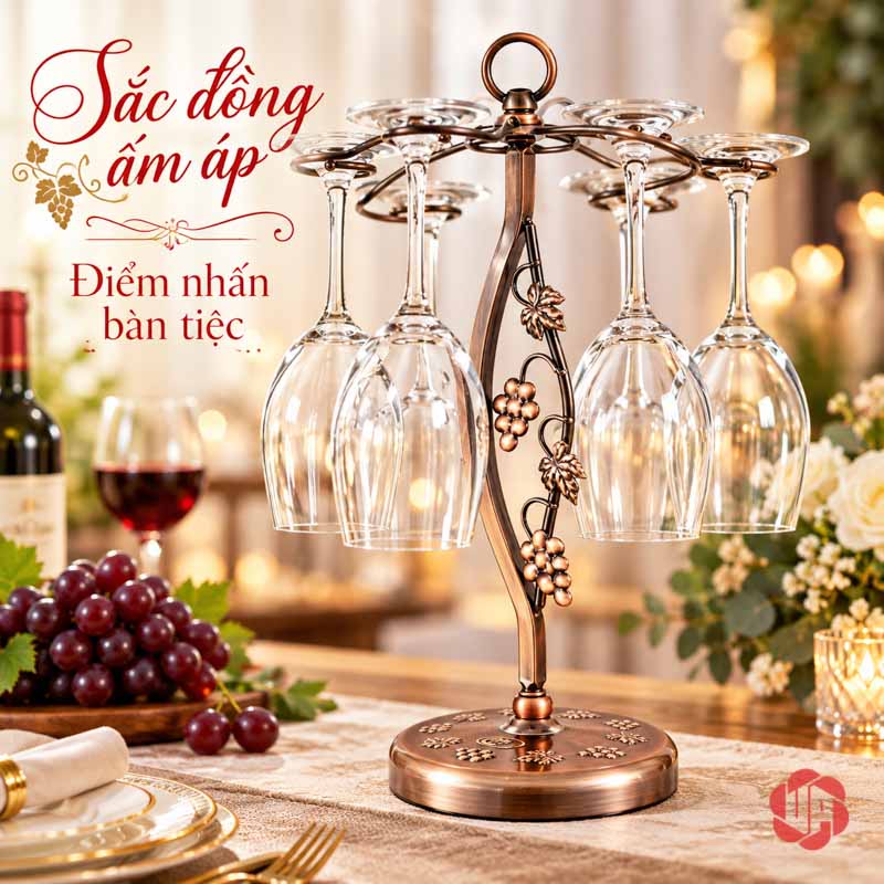 Giá Để Ly Rượu Vang Chùm Nho UP011L Giá ly tông đồng ấm trong không gian có đèn