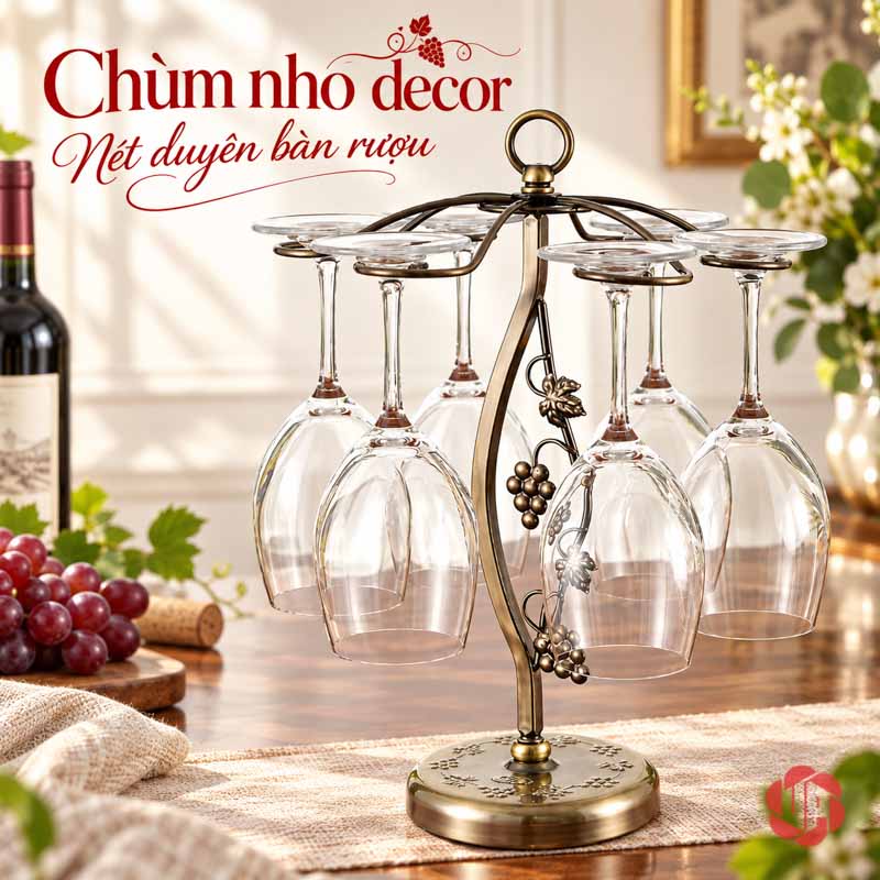 Giá Để Ly Rượu Vang Chùm Nho UP011L Giá ly vàng đồng với thân cong và lá nho