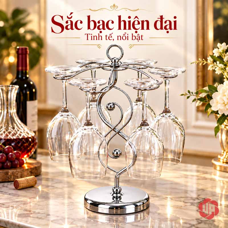 Giá Để Ly Rượu Vang Thân Xoắn UP008L Giá ly bạc với hai chi tiết trang trí sáng màu