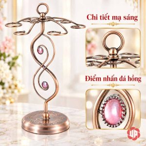 Giá ly tông đồng và ảnh cận vòng đỉnh, chi tiết trang trí hồng