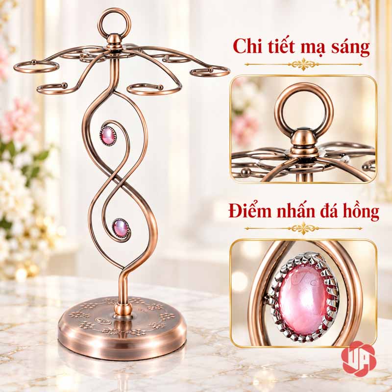 Giá Để Ly Rượu Vang Thân Xoắn UP008L Giá ly tông đồng và ảnh cận vòng đỉnh, chi tiết trang trí hồng