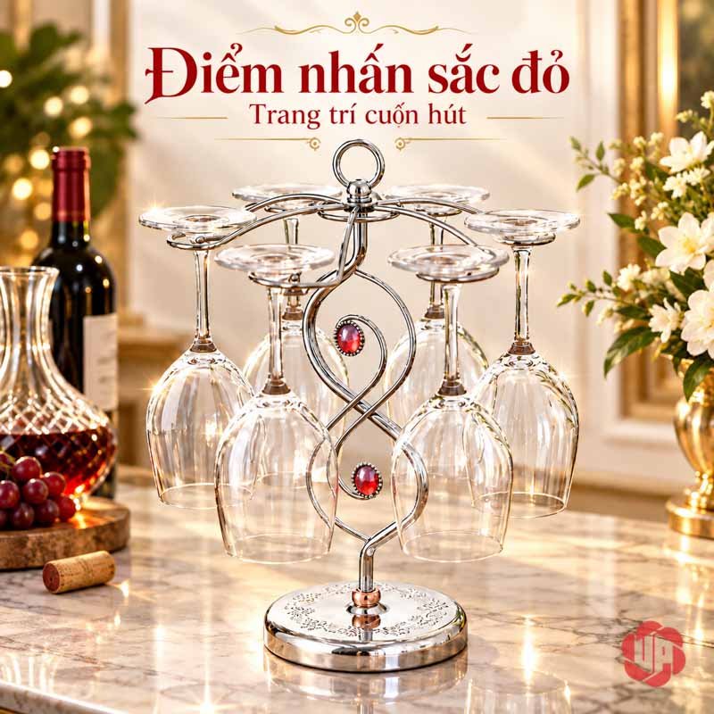 Giá Để Ly Rượu Vang Thân Xoắn UP008L Giá ly bạc có hai điểm đỏ trong khung uốn