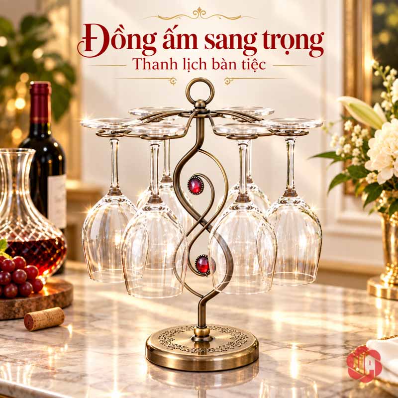 Giá Để Ly Rượu Vang Thân Xoắn UP008L Giá ly vàng đồng trên chân đế tròn có hoa văn