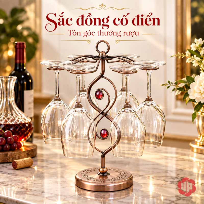Giá Để Ly Rượu Vang Thân Xoắn UP008L Giá ly tông đồng đỏ trên bàn sáng