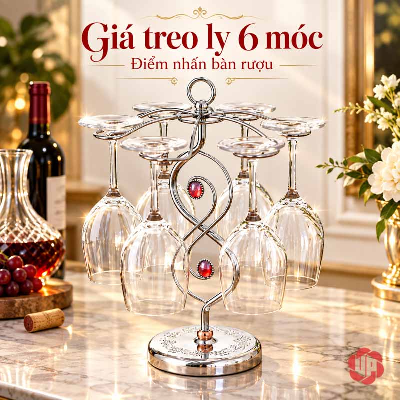 Giá Để Ly Rượu Vang Thân Xoắn UP008L Giá ly bạc với sáu vị trí treo quanh đỉnh