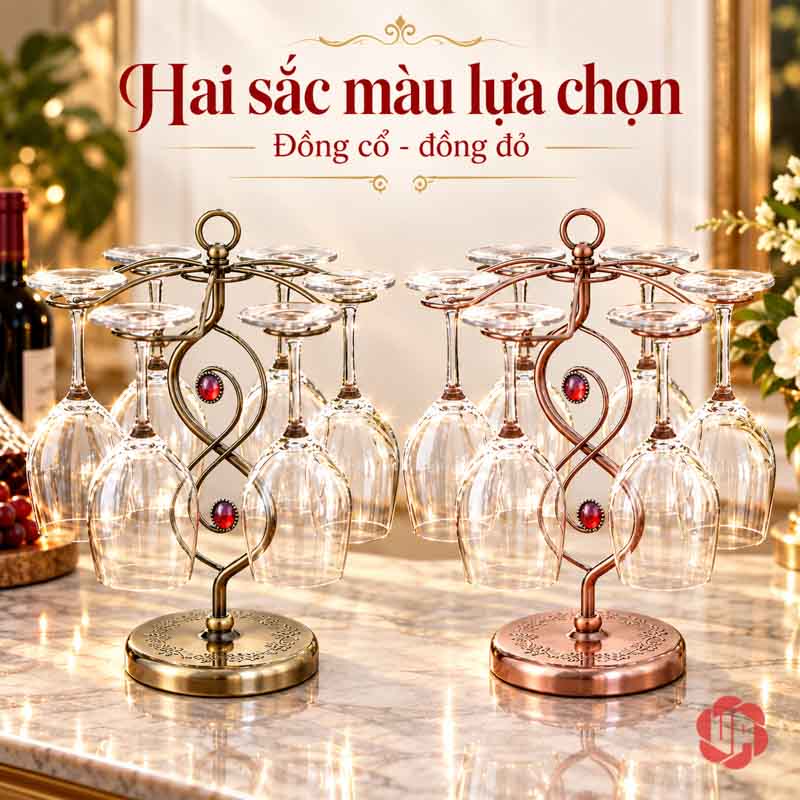 Giá Để Ly Rượu Vang Thân Xoắn UP008L Hai giá ly tông đồng cổ và đồng đỏ đặt cạnh nhau