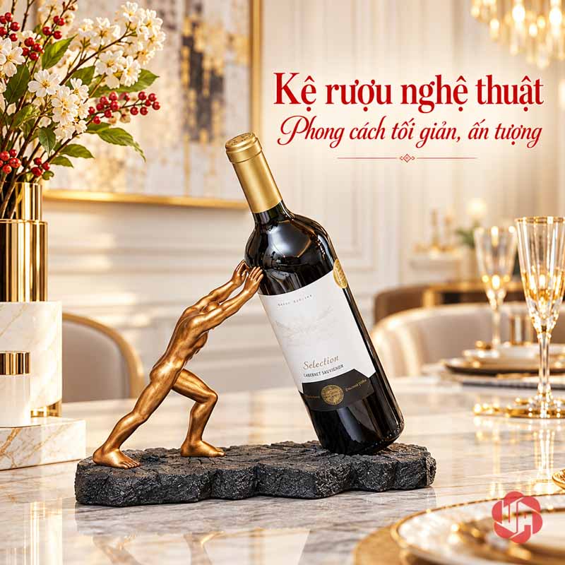 Giá Để Rượu Vang Lực Sĩ Vươn Tay Trang Trí UP005R Giá để rượu vang lực sĩ phía trước bộ ly và hoa trong phòng sáng