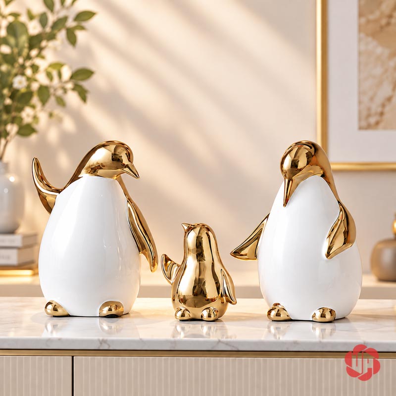 Tượng Decor Gia Đình Chim Cánh Cụt Trắng Vàng UPV080 Gia đình chim cánh cụt gốm sứ trên tủ phòng khách