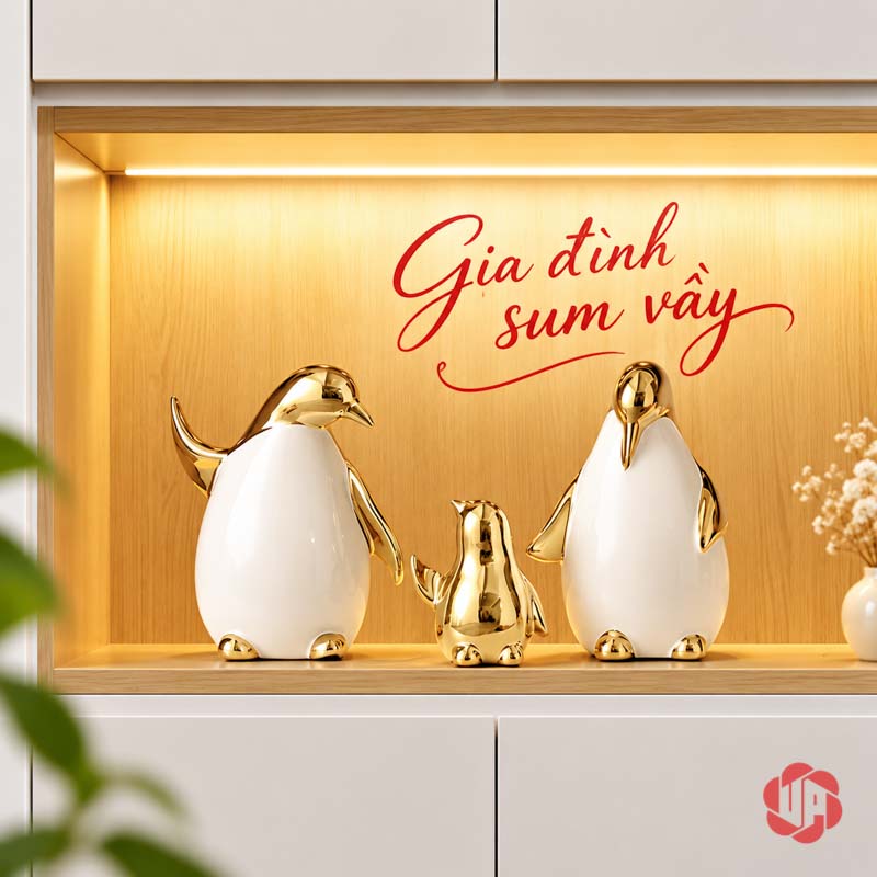 Tượng Decor Gia Đình Chim Cánh Cụt Trắng Vàng UPV080 Gia đình chim cánh cụt trong ô tủ có đèn vàng