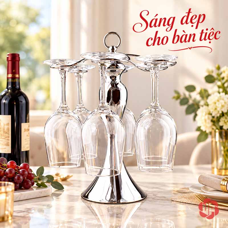 Giá Treo Ly Rượu Vang Màu Bạc Sáu Móc UP037L Giá ly bạc cạnh chai rượu và đĩa trái cây