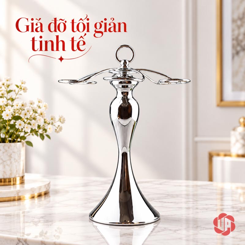 Giá Treo Ly Rượu Vang Màu Bạc Sáu Móc UP037L Giá bạc không ly nhìn ngang thấy thân thon và đế loe