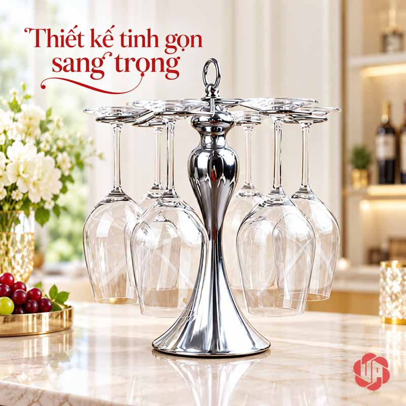 Giá Treo Ly Rượu Vang Màu Bạc Sáu Móc UP037L Giá bạc cùng ly treo trên mặt bàn sáng